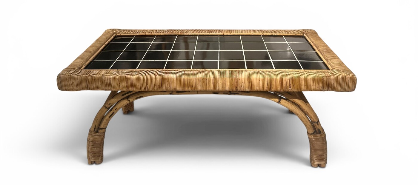 F 994 OB rattan and black ceramic tiles coffee table, 1950’s
