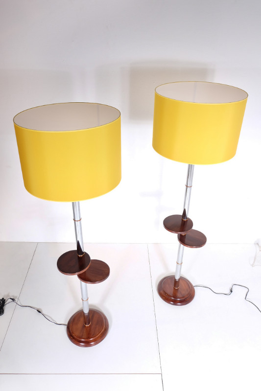 L 003 AS Pair of floor lamps « art deco » 1935, full repair and new rewired, in walnut ,chrome and red copper