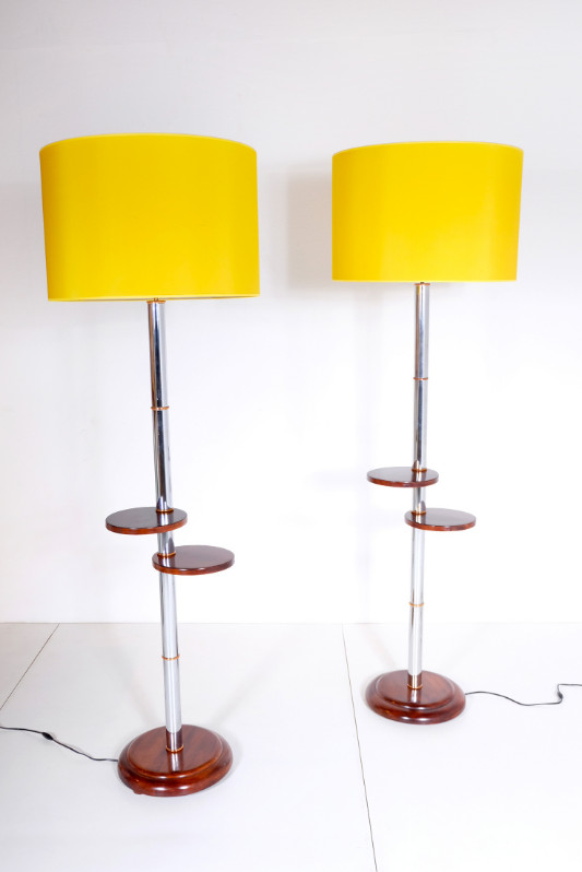 L 003 AS Pair of floor lamps « art deco » 1935, full repair and new rewired, in walnut ,chrome and red copper