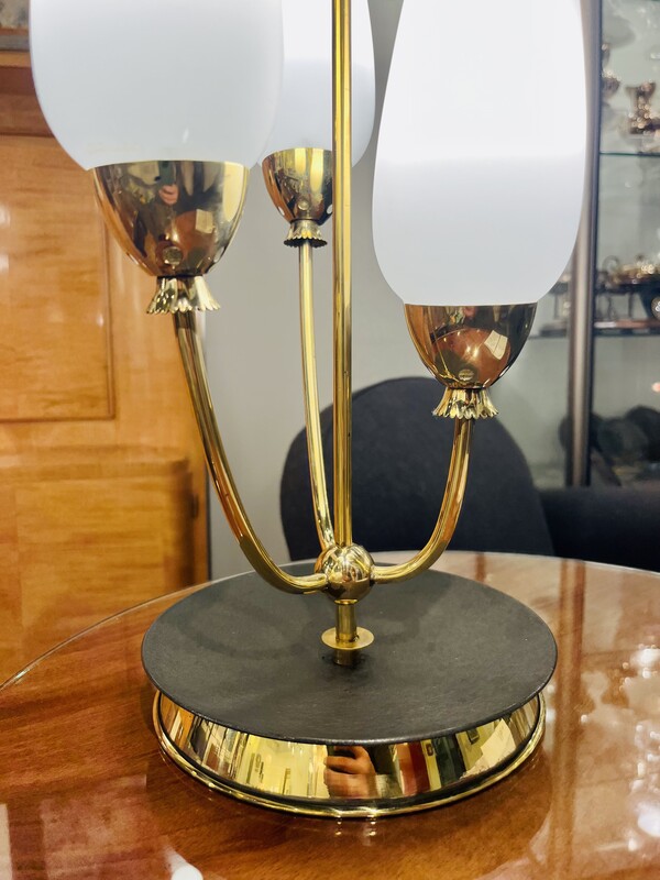 L 079 AS black steal, brass and opaline table lamp, 1960’s