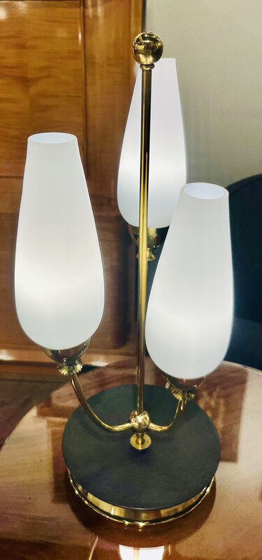 L 079 AS black steal, brass and opaline table lamp, 1960’s