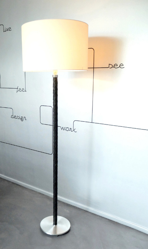 L 144 JB Brushed steel and leather floor lamp by Hammeborg