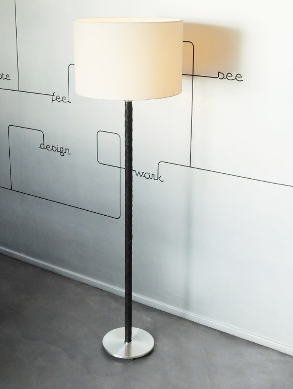 L 144 JB Brushed steel and leather floor lamp by Hammeborg