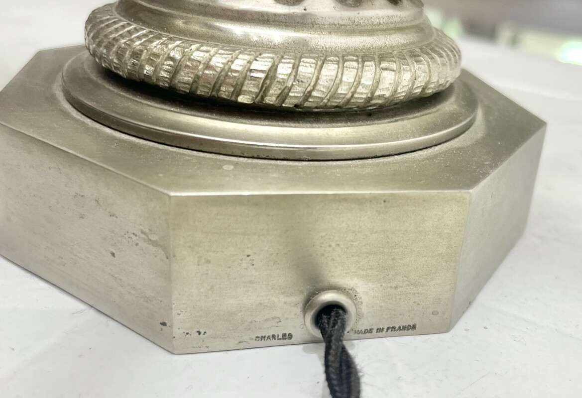 L 146 RD Silver plated bronze palm tree lamp with resin egg, Maison Charles, France 1970’s