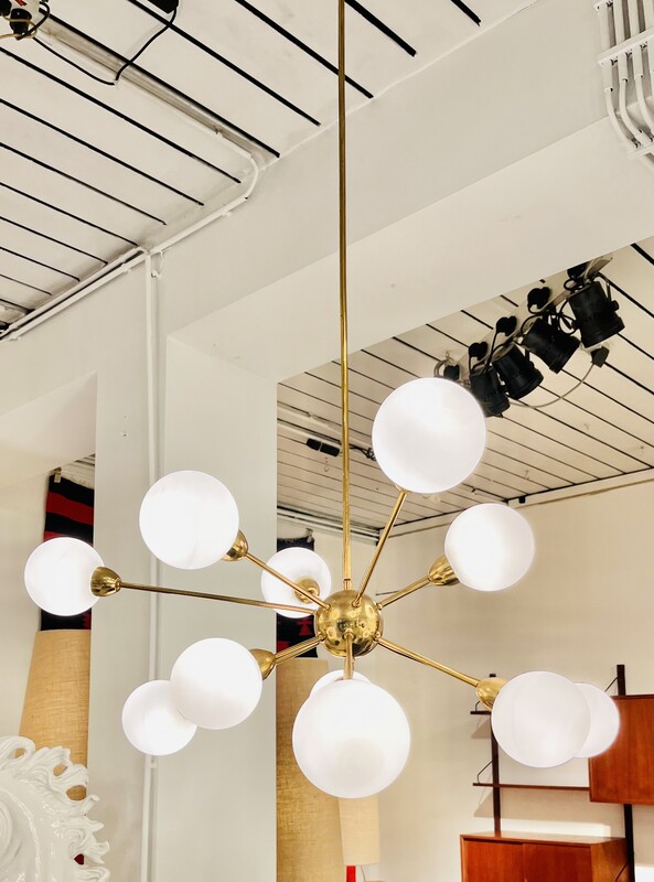 L 186 JFC asymetric space age chandelier with white mat opaline glass