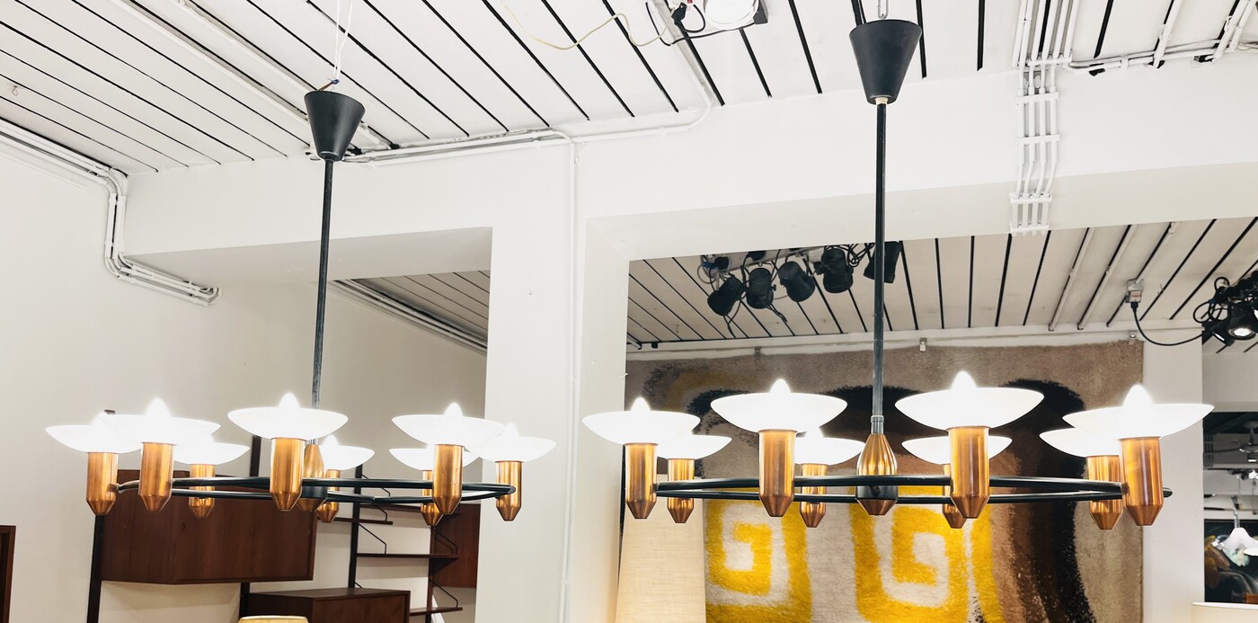 L 298 JFC pair of copper and steel chandeliers, 1950’s
