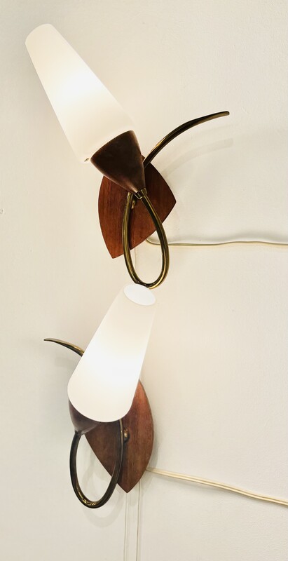 L 450 JD/RC pair of teak, brass and opalin wall lamps, 1950’s
