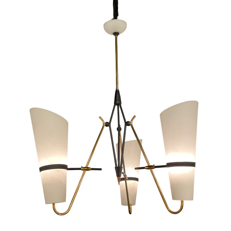 L 458 AS Three-light chandelier,brass,opaline glass,lacquered metal, Italy 1950