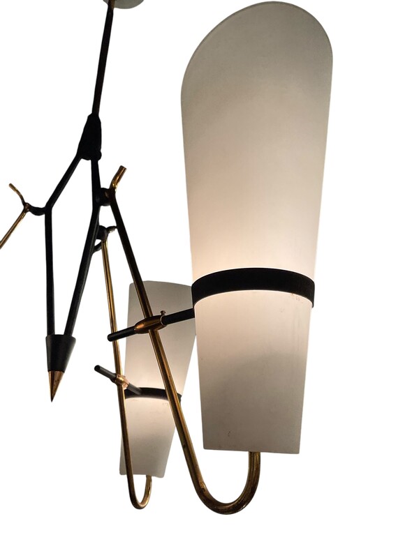 L 458 AS Three-light chandelier,brass,opaline glass,lacquered metal, Italy 1950