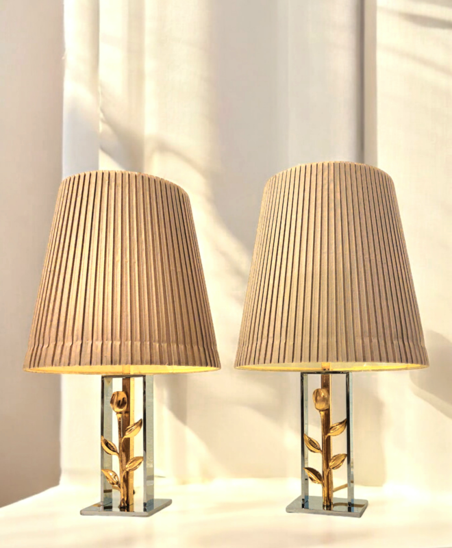 L 466 JC Pair Bronze and chrome table lamps in the manner of Charles 1980s