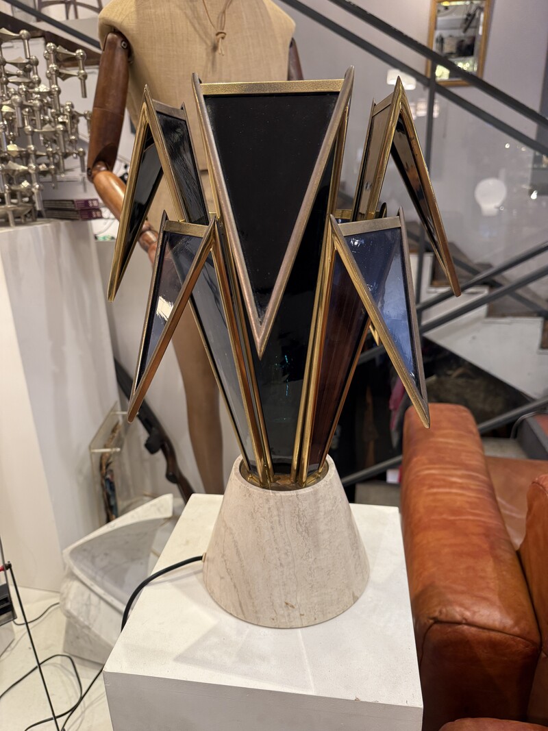 L 471 AG rare lamp glass, brass and travertine Ca 1960