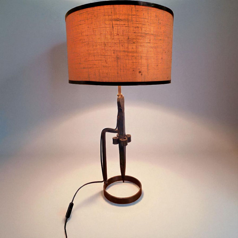 L 517 JC Antique wrought iron brutalist table lamp, 1950s