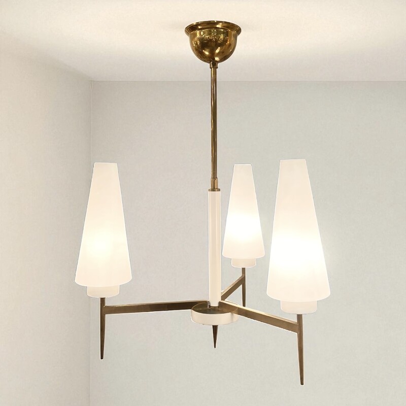 L 529 JD/RC 3 arm white metal and brass chandelier with opalin, circa 1950