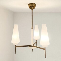 L 529 JD/RC 3 arm white metal and brass chandelier with opalin, circa 1950