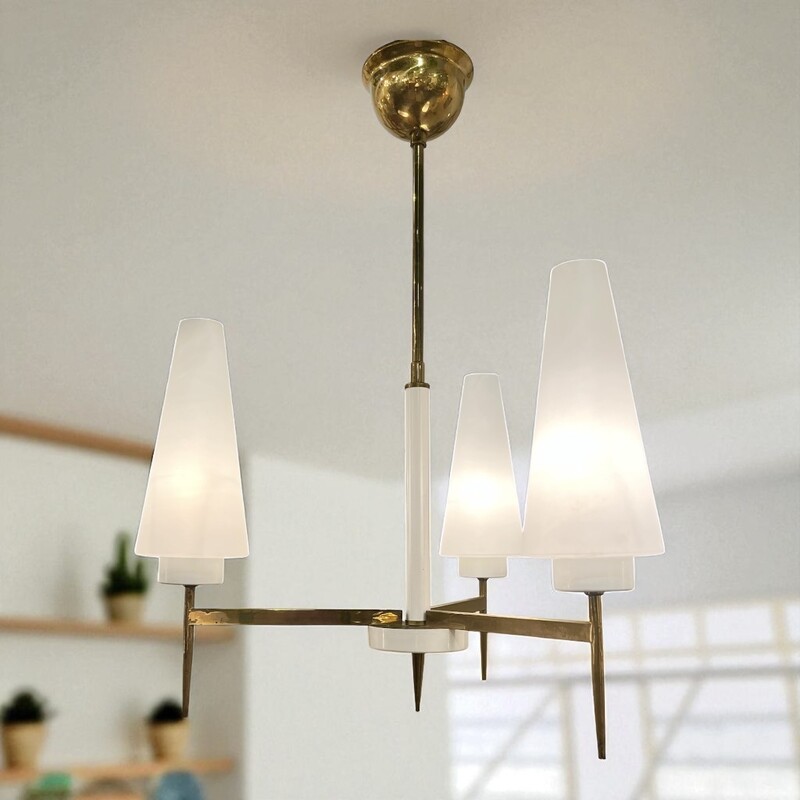 L 529 JD/RC 3 arm white metal and brass chandelier with opalin, circa 1950