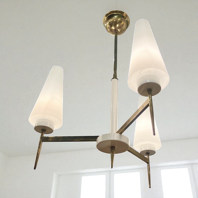 L 529 JD/RC 3 arm white metal and brass chandelier with opalin, circa 1950