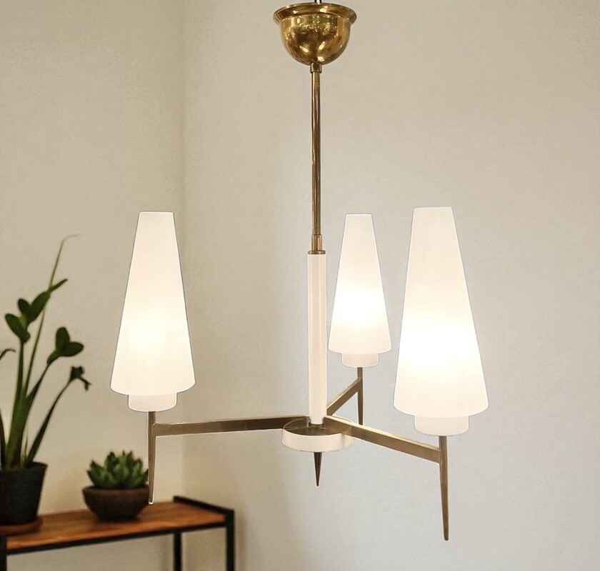 L 529 JD/RC 3 arm white metal and brass chandelier with opalin, circa 1950
