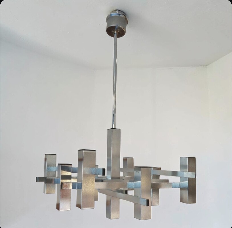 L 625 JC Graphic Brushed chrome chandelier by Gaetano Sciolari 1980s 