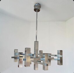 L 625 JC Graphic Brushed chrome chandelier by Gaetano Sciolari 1980s 