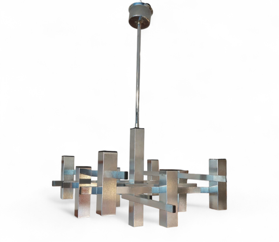 L 625 JC Graphic Brushed chrome chandelier by Gaetano Sciolari 1980s 