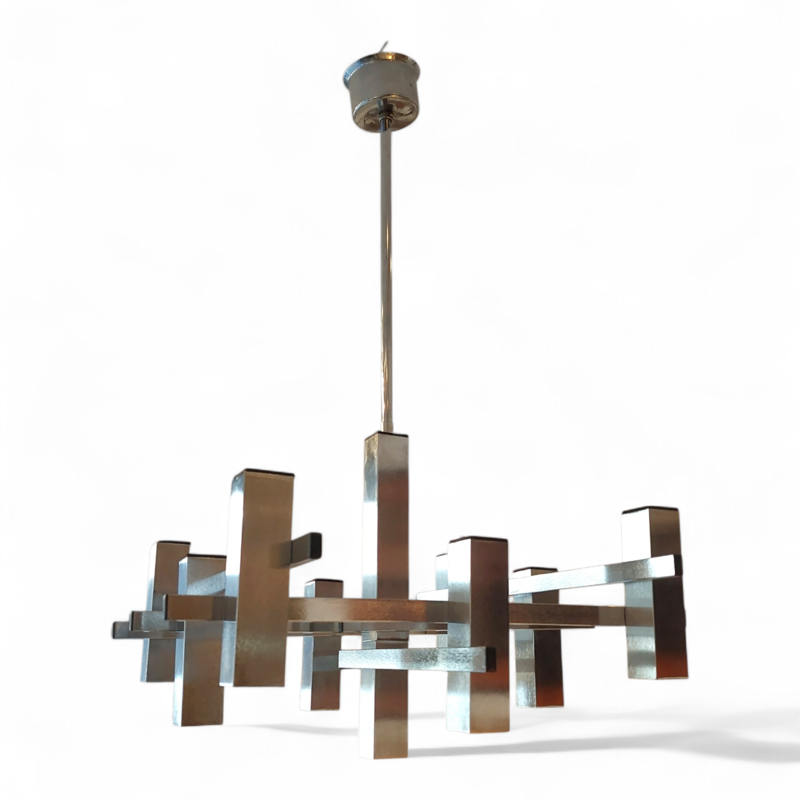 L 625 JC Graphic Brushed chrome chandelier by Gaetano Sciolari 1980s 