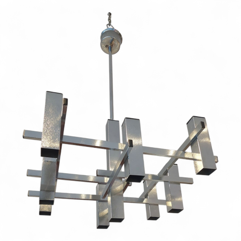 L 625 JC Graphic Brushed chrome chandelier by Gaetano Sciolari 1980s 