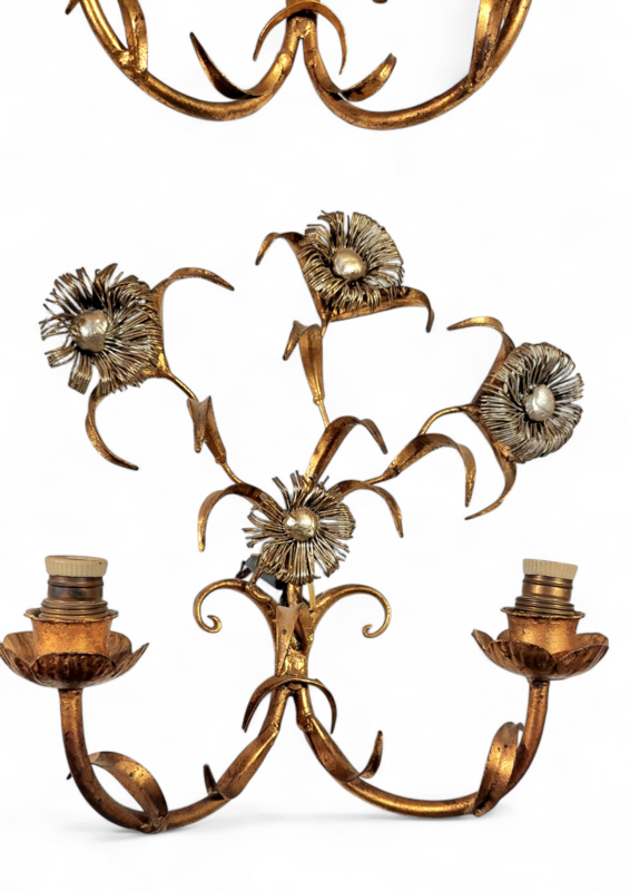 L 632 JC Pair flowers gilt and silver iron scones Mason Baguès 1940s