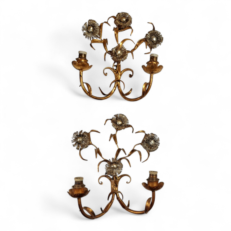 L 632 JC Pair flowers gilt and silver iron scones Mason Baguès 1940s