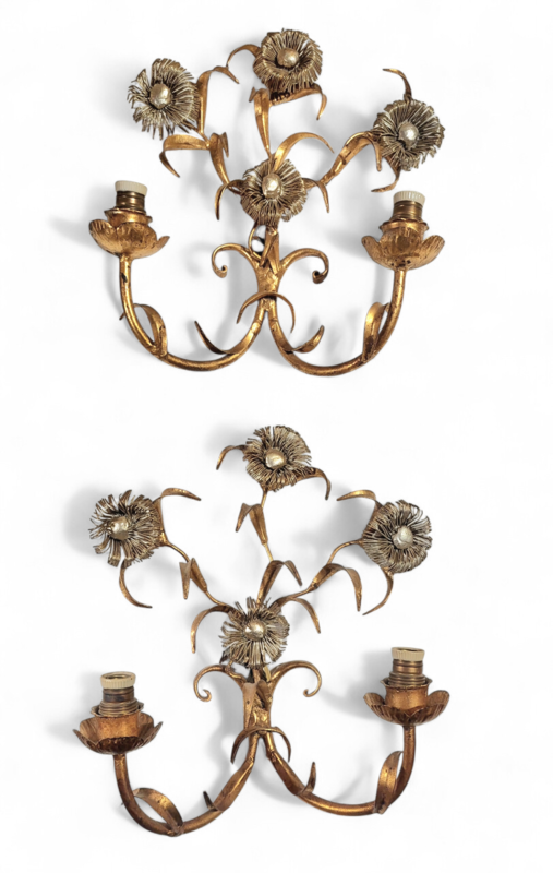 L 632 JC Pair flowers gilt and silver iron scones Mason Baguès 1940s