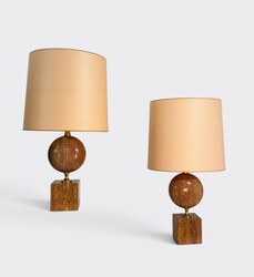 L 653 AG Pair of red travertine and brass lamps by Philippe Barbier 1970