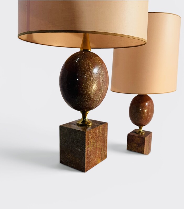 L 653 AG Pair of red travertine and brass lamps by Philippe Barbier 1970