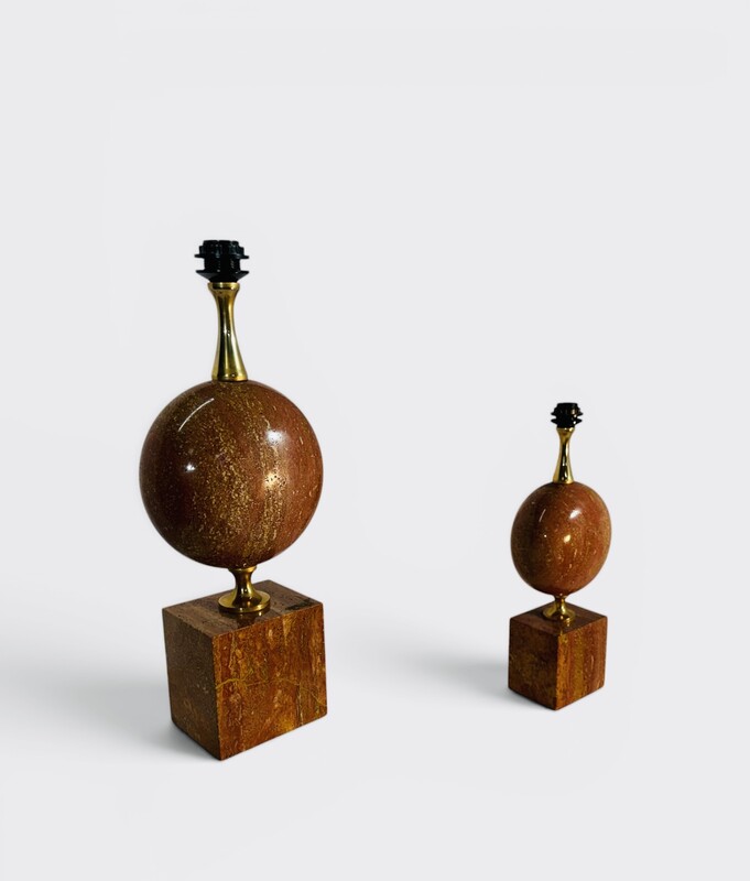 L 653 AG Pair of red travertine and brass lamps by Philippe Barbier 1970