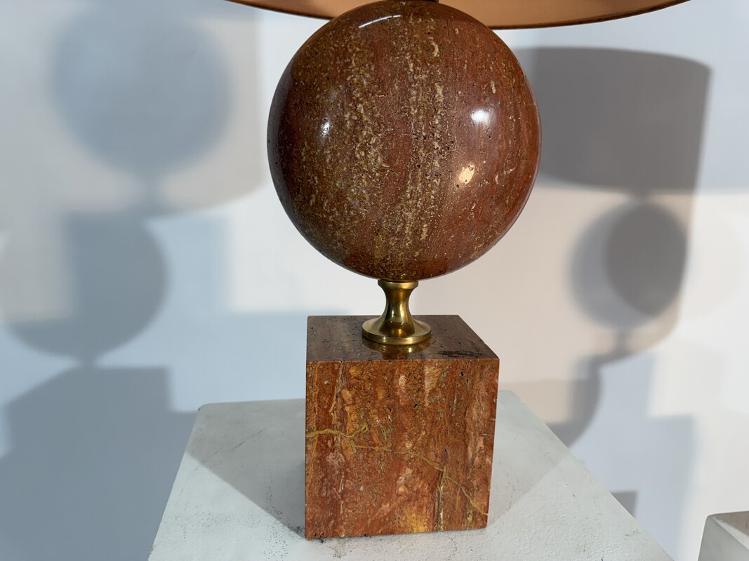 L 653 AG Pair of red travertine and brass lamps by Philippe Barbier 1970