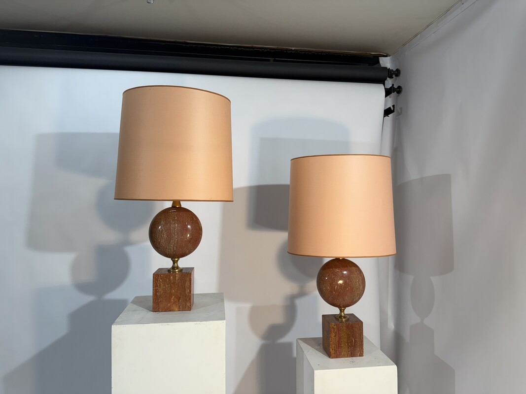 L 653 AG Pair of red travertine and brass lamps by Philippe Barbier 1970