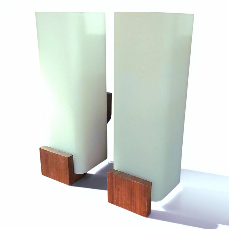 L 685 JC Pair opal glass and wood wall lamps by Louis Kalff, 1960s
