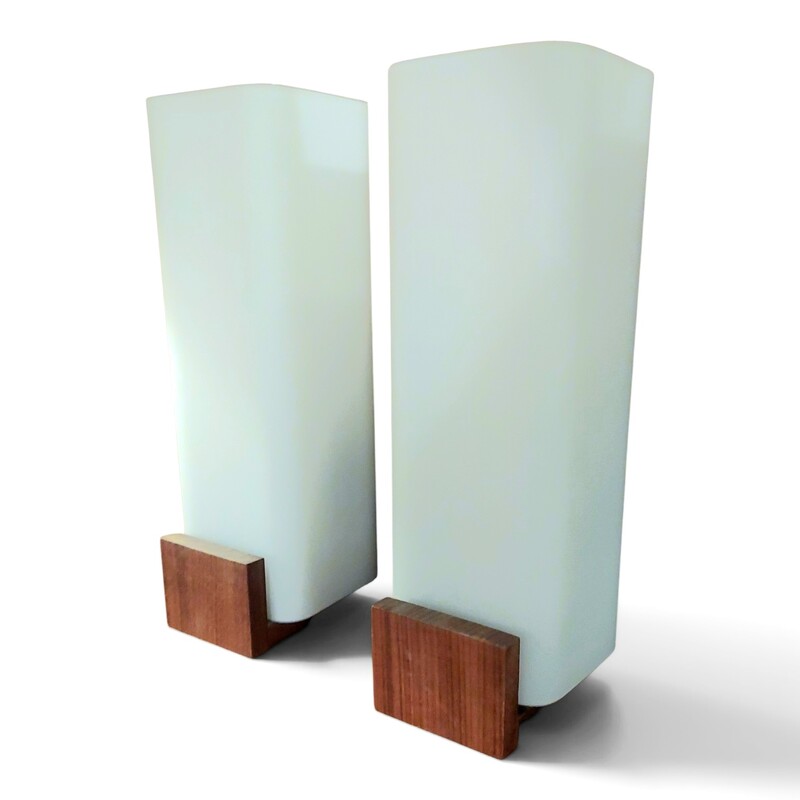 L 685 JC Pair opal glass and wood wall lamps by Louis Kalff, 1960s