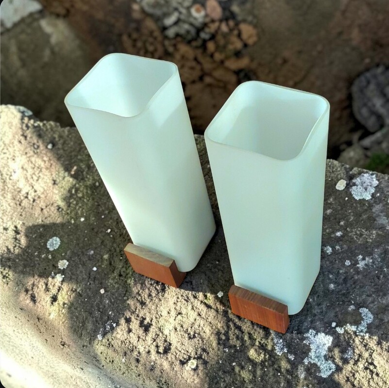 L 685 JC Pair opal glass and wood wall lamps by Louis Kalff, 1960s