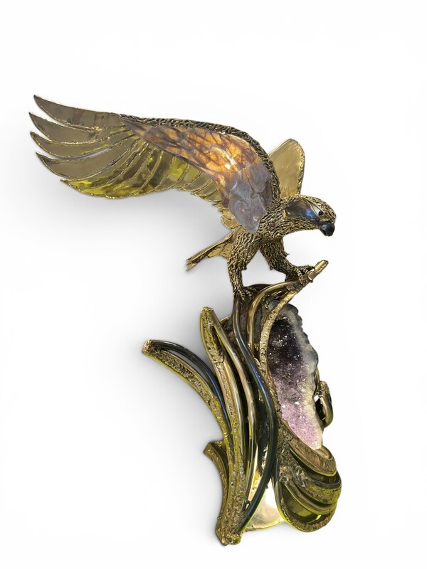L 686 APO falcon lamp, brass agate and mica by Richard and Isabelle Faure, circa 1970