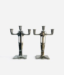 L 688 AG Pair of Candlestick pewter jugenstil by Achille Gamba 1920