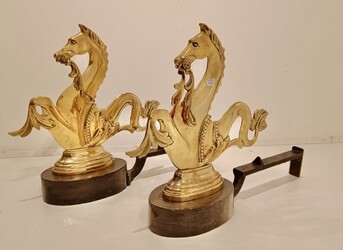 M 087 YOURI pair of brass horse andiron, Italy 1980’s