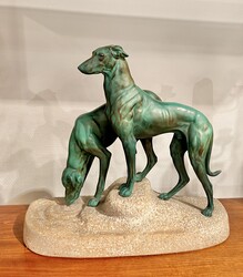 M 095 AG  art deco couple of greyhound with sculpted stone 