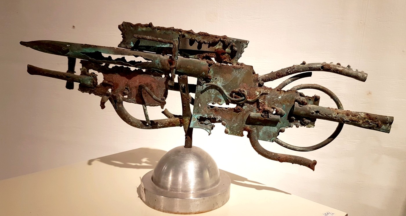 M 111 JC Brutalist steel and copper table sculpture Ca 1970