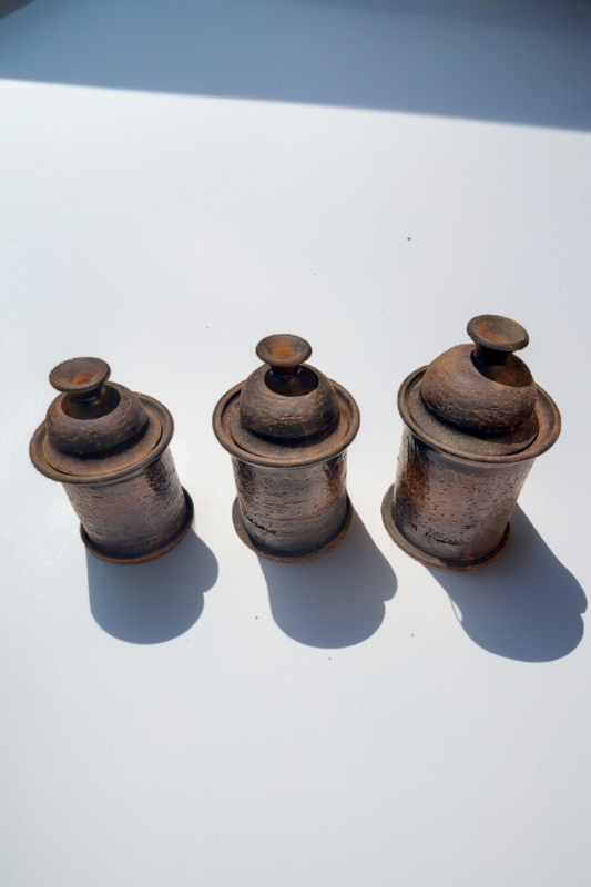M 327 JC Set of 3 covered ceramic vases signed by Jean Marais, Vallauris, 1960s