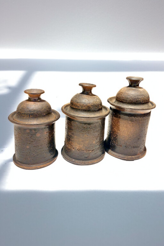 M 327 JC Set of 3 covered ceramic vases signed by Jean Marais, Vallauris, 1960s
