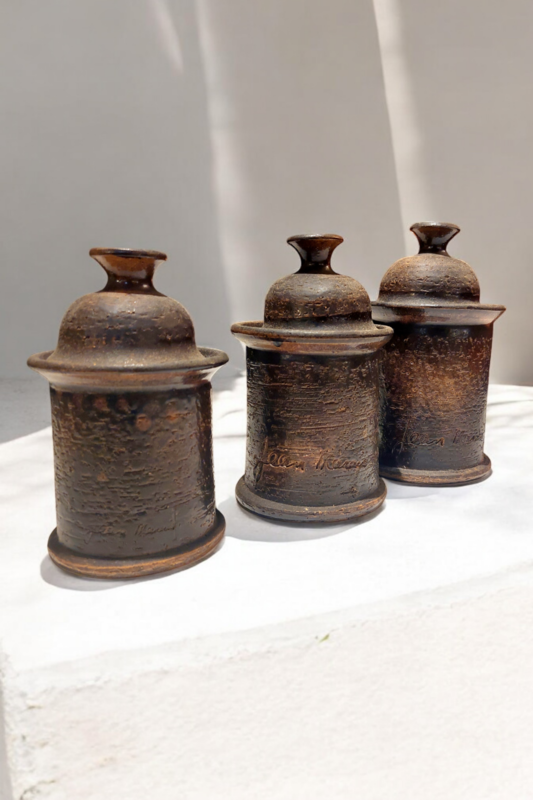 M 327 JC Set of 3 covered ceramic vases signed by Jean Marais, Vallauris, 1960s
