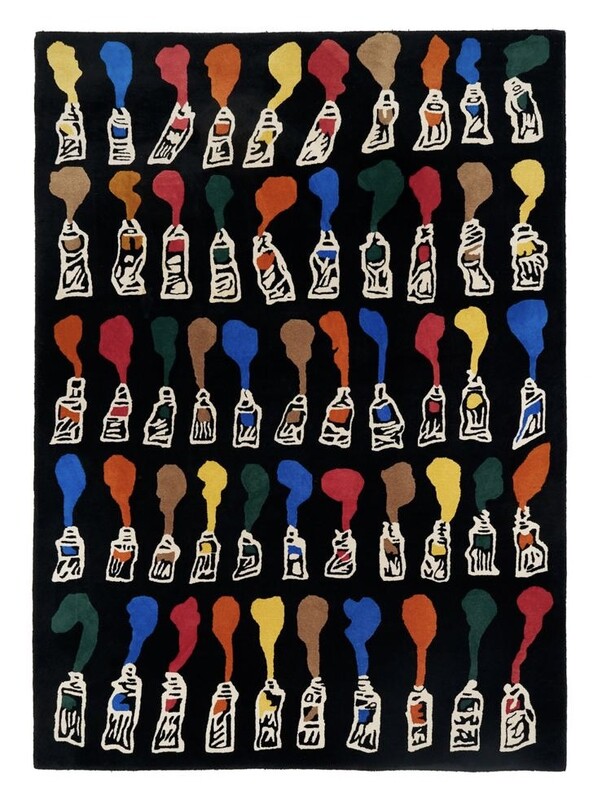 M 436 RD Set of 2 Color tubes on black/white background wool carpet, after Arman, 1990s, signed. 