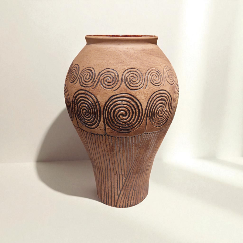 M 447 JC vase with graphic motifs, terracotta, 1960