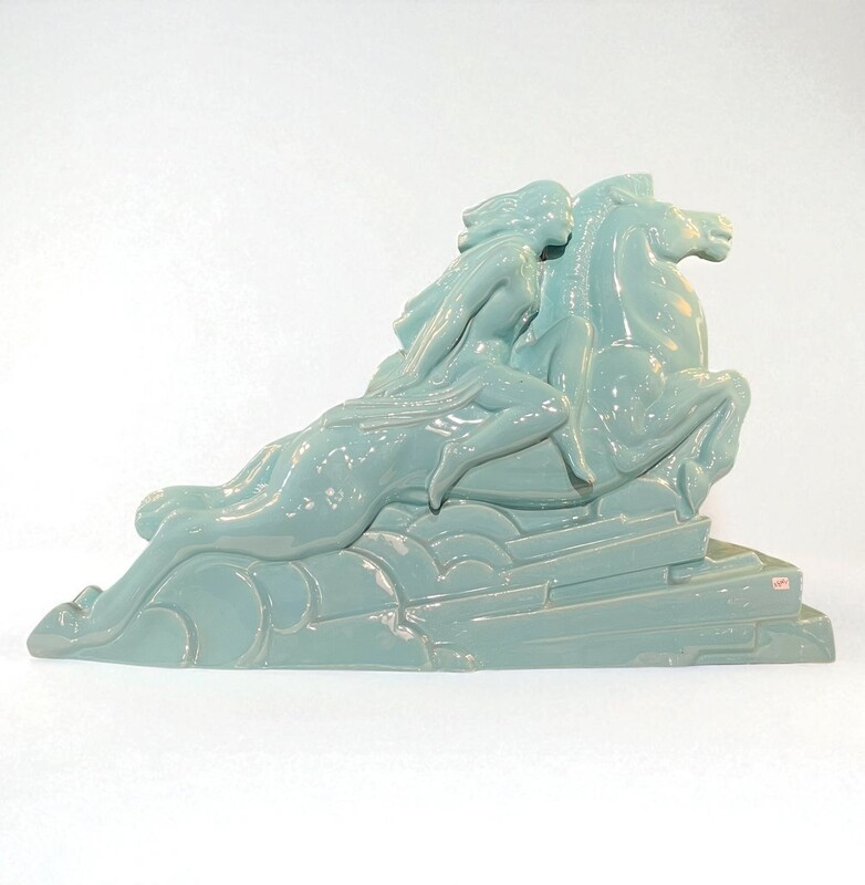 M 467 MH large art deco blue ceramic, Valkyrie statue by Charles Lemanceau 