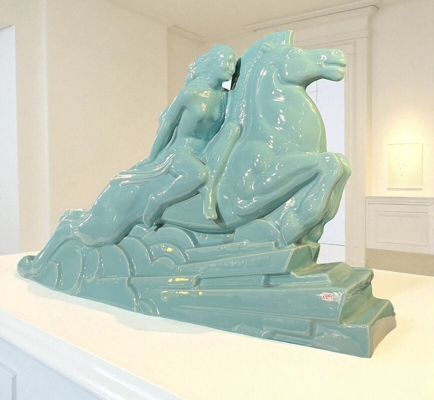 M 467 MH large art deco blue ceramic, Valkyrie statue by Charles Lemanceau 