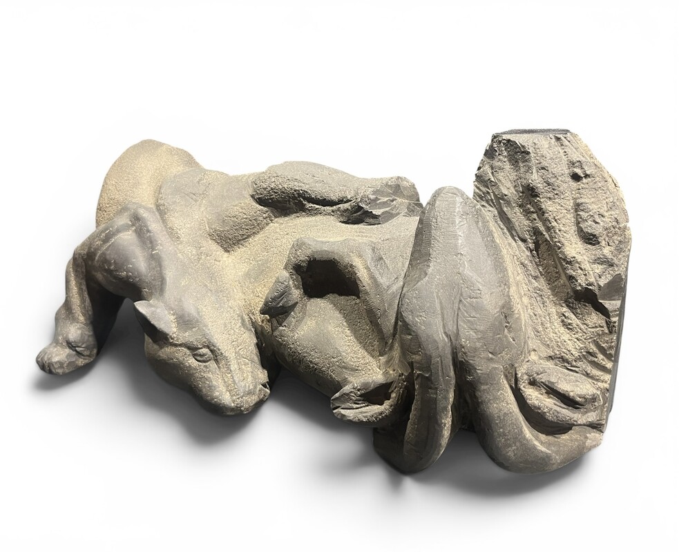 M 473 PL art deco sculpure, Panther and Ram, blue stone 1930